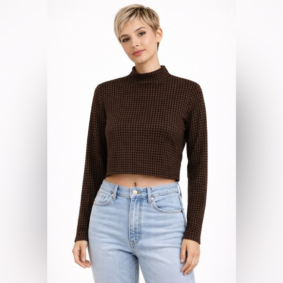 Sadie & Sage Tops - SADIE & SAGE Brown and Black Houndstooth Long Sleeve Top NWT